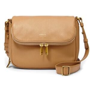 Fossil Leather Preston Small Flap Crossbody Handbag Tan Latte Khaki